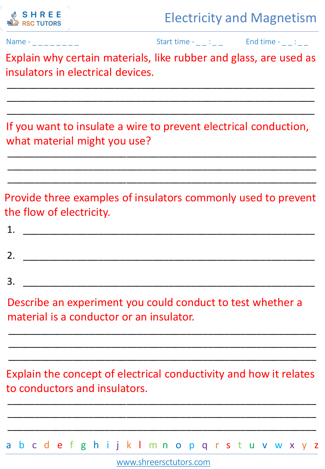 Conductors and insulators worksheets for Grade 7 Science | shree rsc tutors